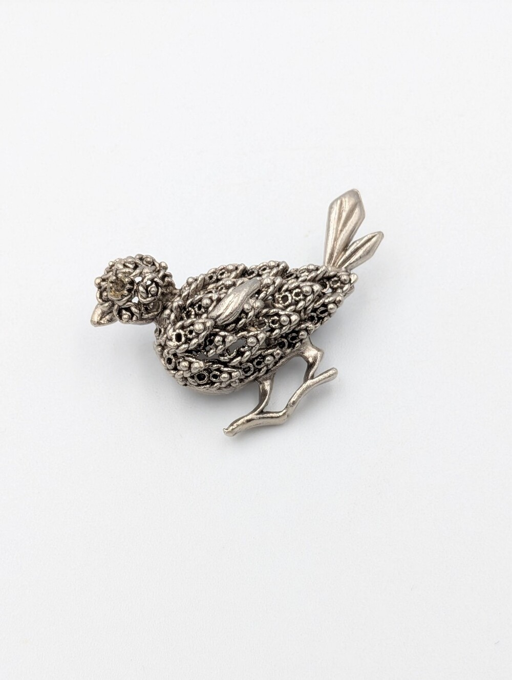 Brutalist silver tone small bird brooch pin